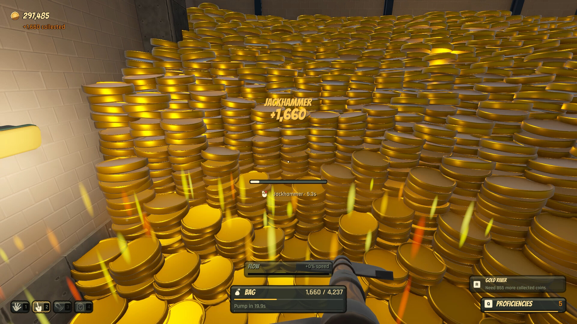 Using a jackhammer to collect a large pile of coins