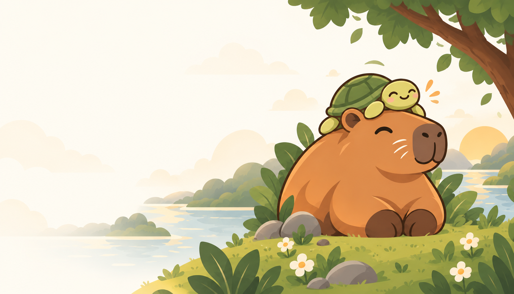 A happy capybara with a little turtle on its head, relaxing beside a river